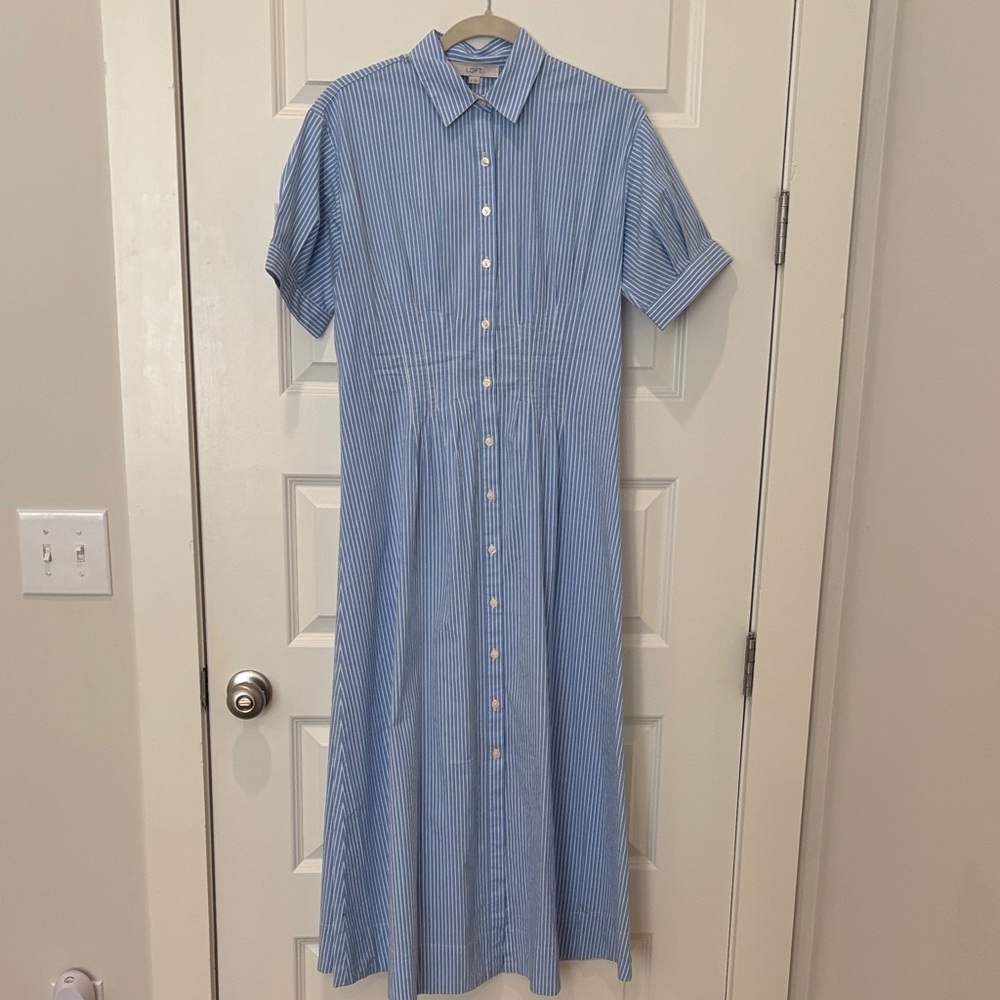 LOFT Blue and White Striped Midi Dress